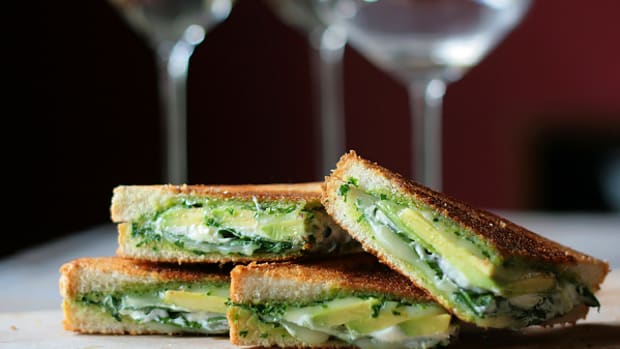 Photo from Tastespotting...Look at the wine glasses in the background, this is clearly an elegant grilled cheese...