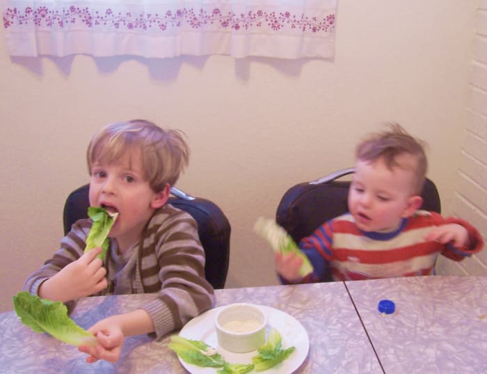 Once I served whole romaine leaves and called it "Giant Salad." They loved it. Easy to dip and novel.