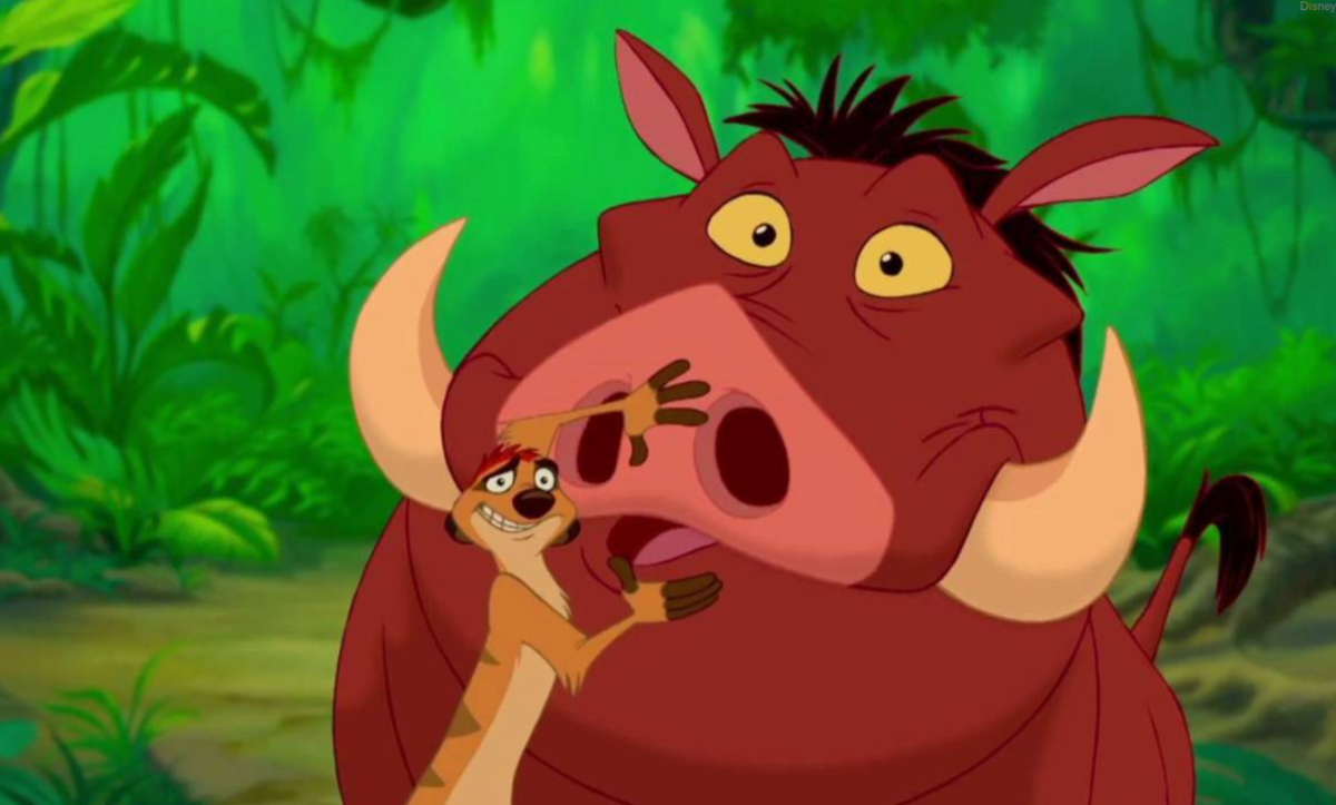 Timon saving Pumbaa (and us?) from the "embarrassment" of perfectly normal body functions. (Photo Credit: Disney)