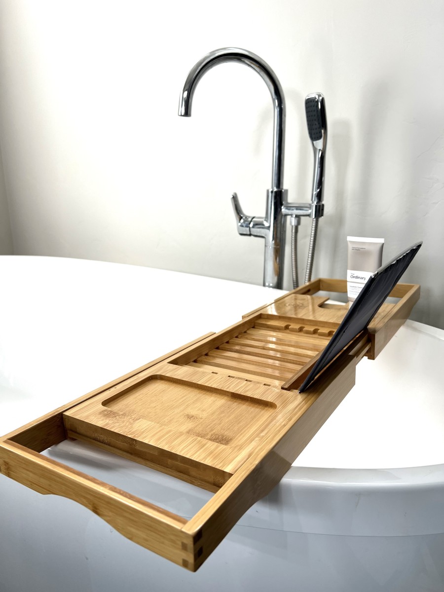 Bambusi Bathtub Caddy Tray with Extending Sides, Reading Stand