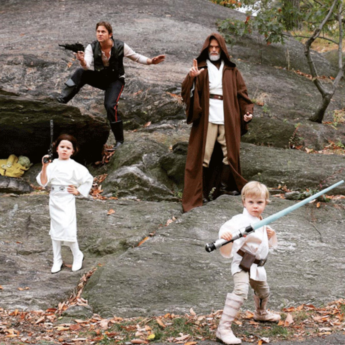 The force is with the family as they dress as Star Wars. Harris makes a striking Obi-Wan Kenobi and Burtka as the classic Hans Solo, with Harper as Princess Lea and Gideon as a very cute Luke Skywalker. 